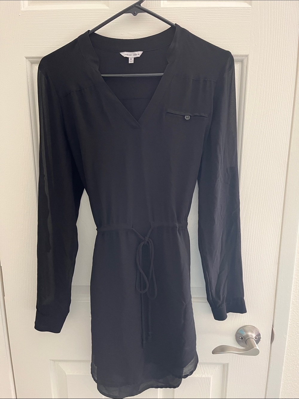 Black V-Neck Tie-Waist Long Sleeve Dress